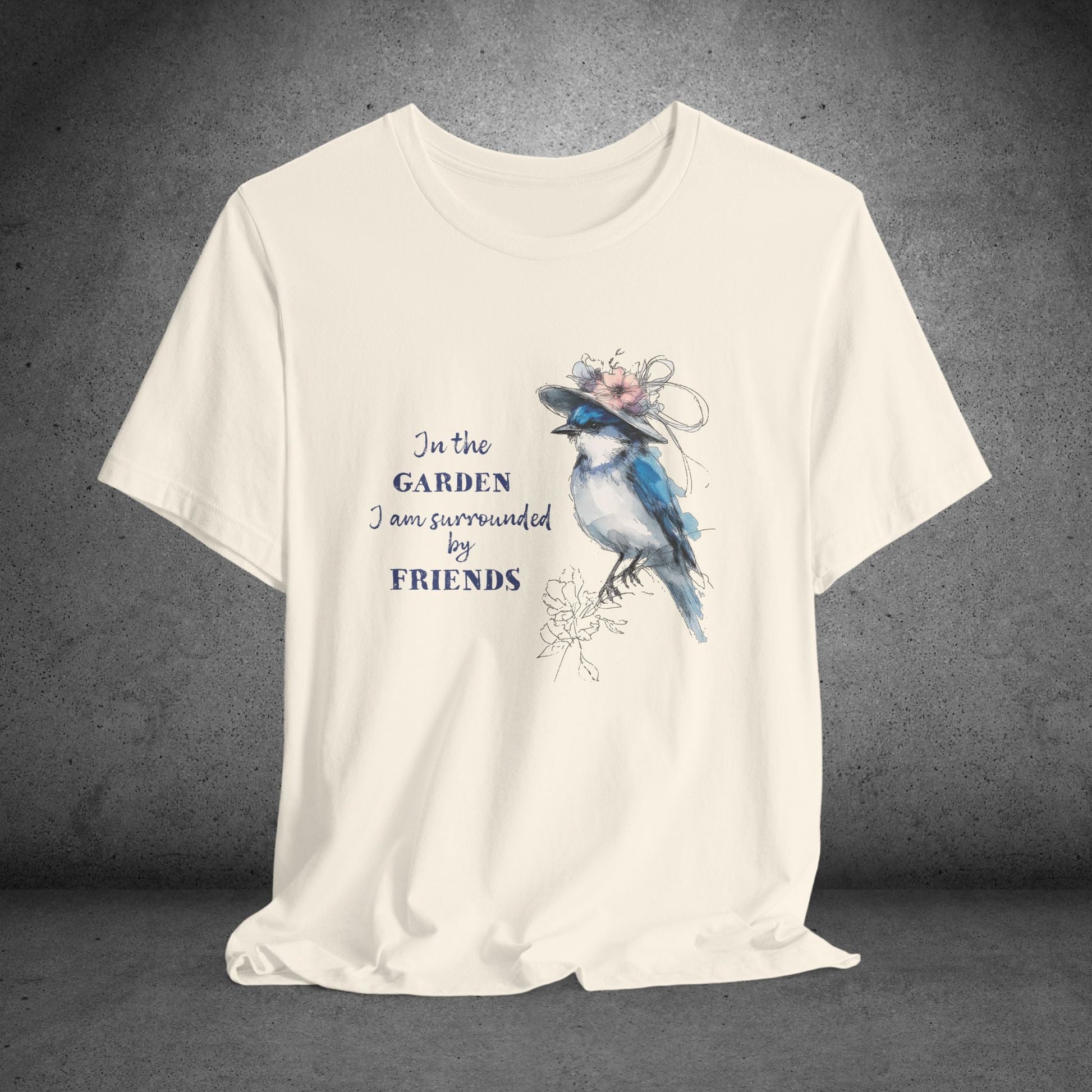 Garden Friends Bluebird T-Shirt - Whimsical Spring Bird Tee, Garden and Birds - FlooredByArt