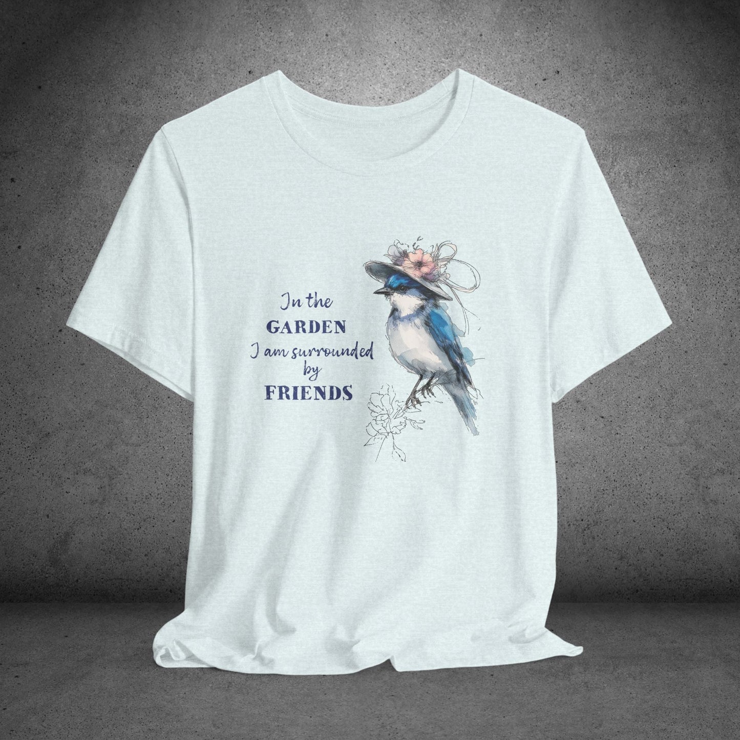 Garden Friends Bluebird T-Shirt - Whimsical Spring Bird Tee, Garden and Birds - FlooredByArt