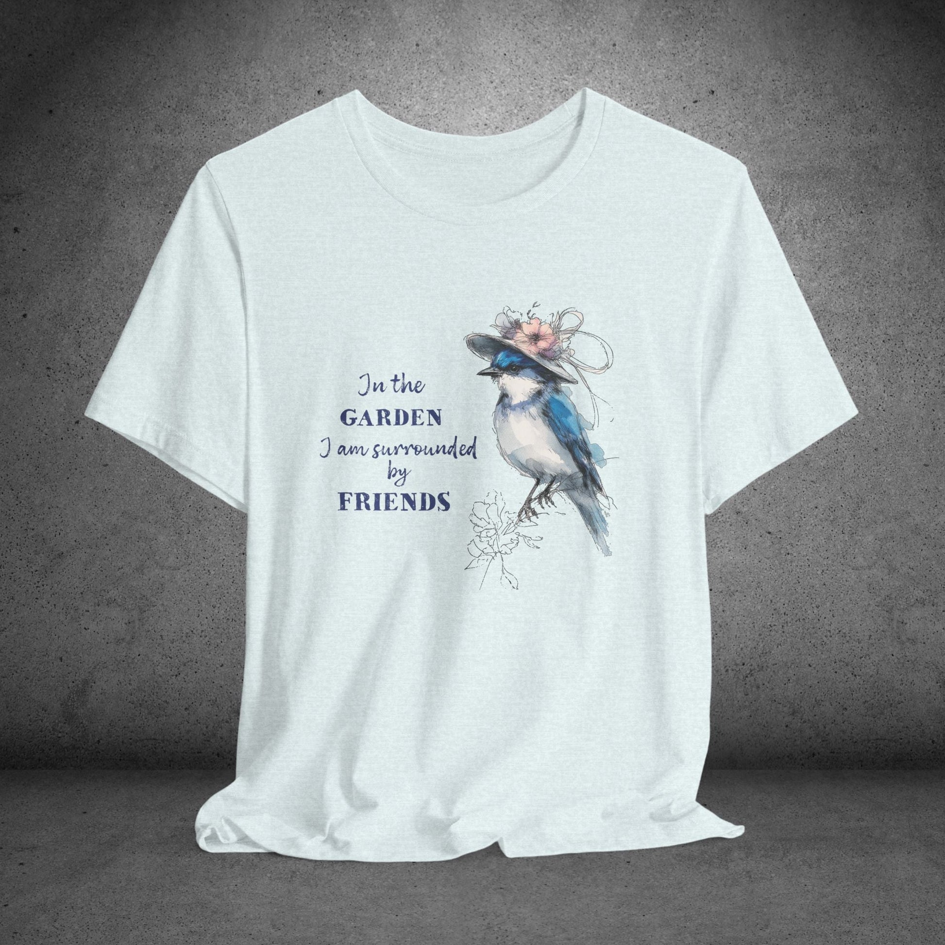 Garden Friends Bluebird T-Shirt - Whimsical Spring Bird Tee, Garden and Birds - FlooredByArt