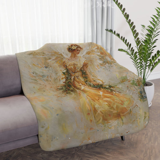 Golden Angel Blanket, Unique Religious Art Design, Gold Cream Throw, Personalized Mom or Care Gift Grandma, Memory Blanket, Nursing home - FlooredByArt