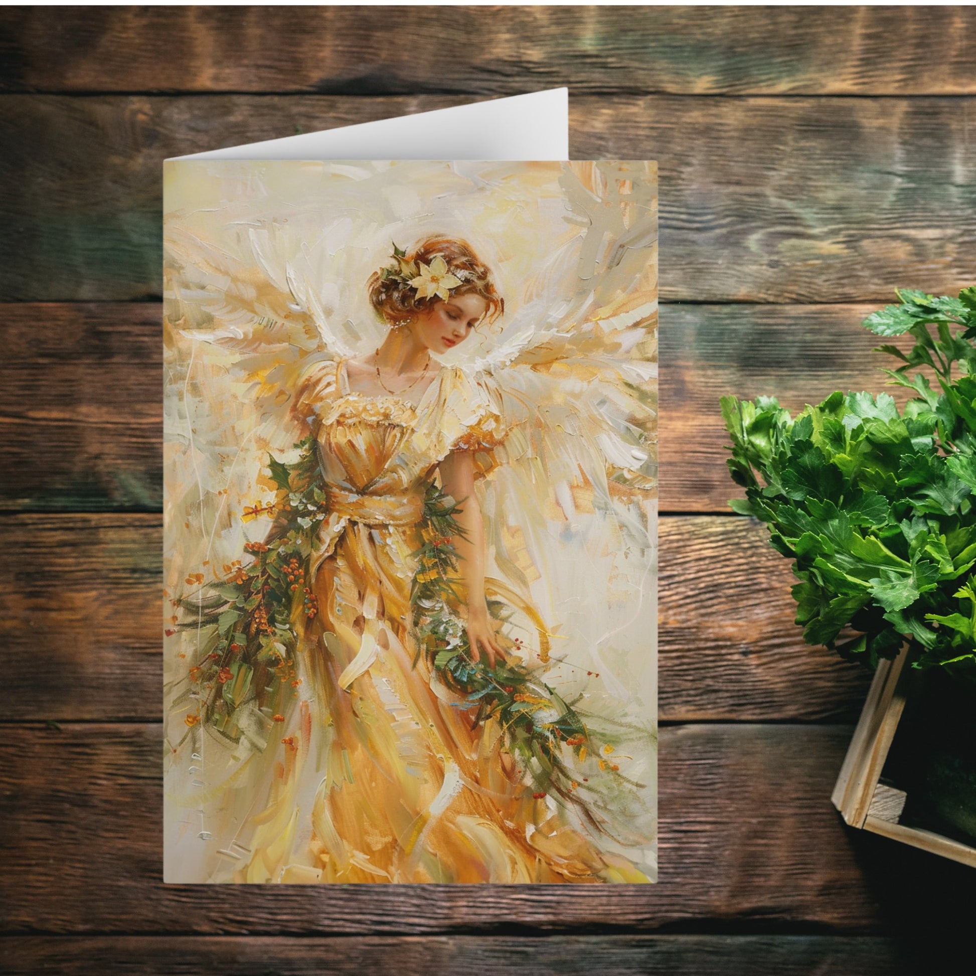 Golden Angel in Oils, Blank Christmas Greeting Cards - FlooredByArt