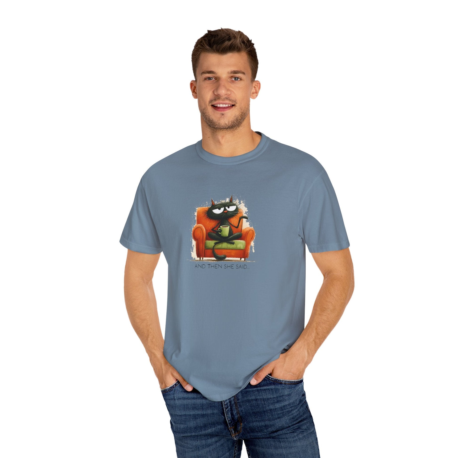 Gossip Cat Comfort Colors Tee – Funny Black Cat & Coffee Shirt - FlooredByArt