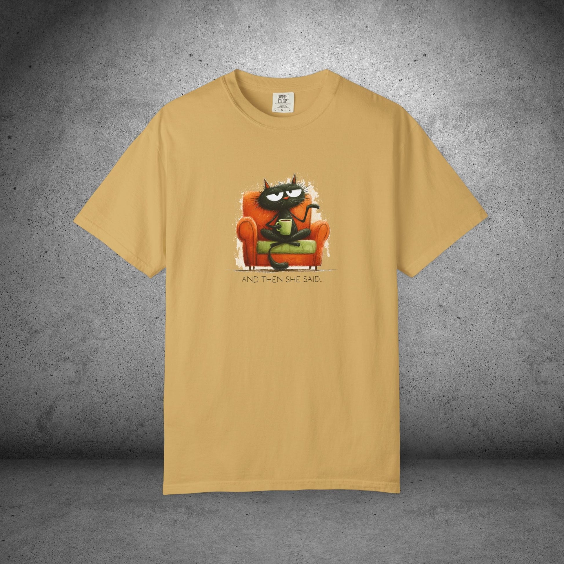 Gossip Cat Comfort Colors Tee – Funny Black Cat & Coffee Shirt - FlooredByArt