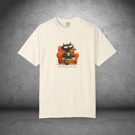 Gossip Cat Comfort Colors Tee – Funny Black Cat & Coffee Shirt - FlooredByArt