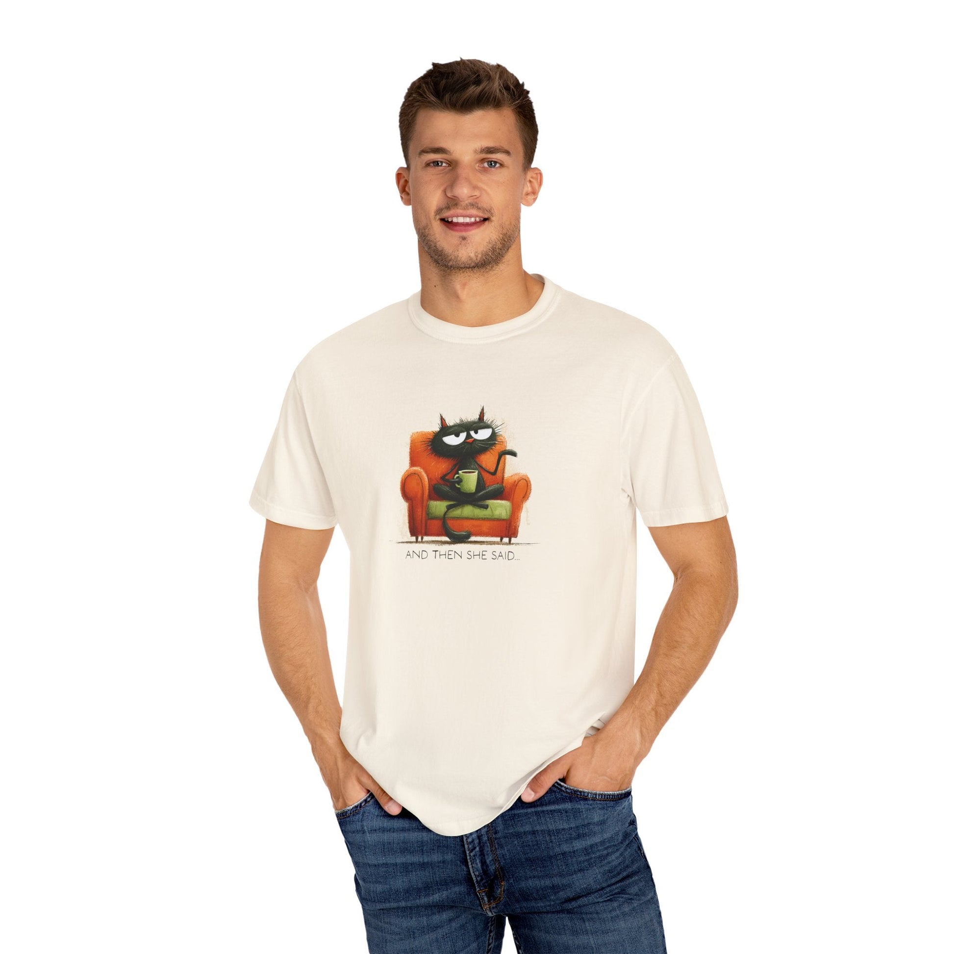 Gossip Cat Comfort Colors Tee – Funny Black Cat & Coffee Shirt - FlooredByArt