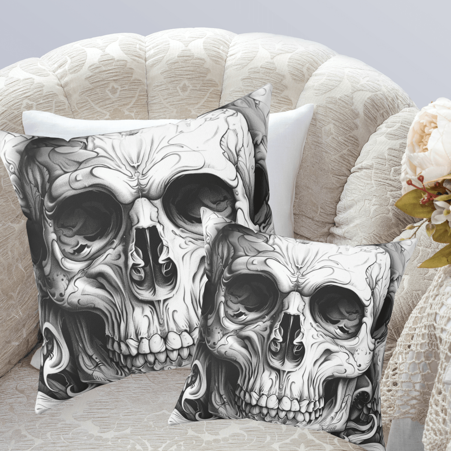 Goth Skull Throw Pillow, Dark Academia Decorative Cushion with Original Pen & Ink Art - FlooredByArt