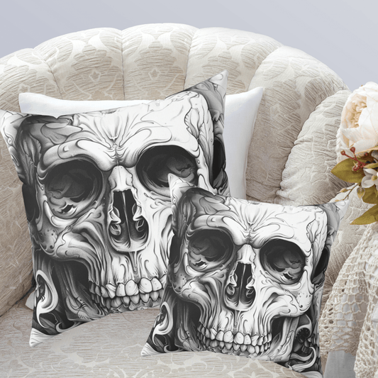 Goth Skull Throw Pillow, Dark Academia Decorative Cushion with Original Pen & Ink Art - FlooredByArt