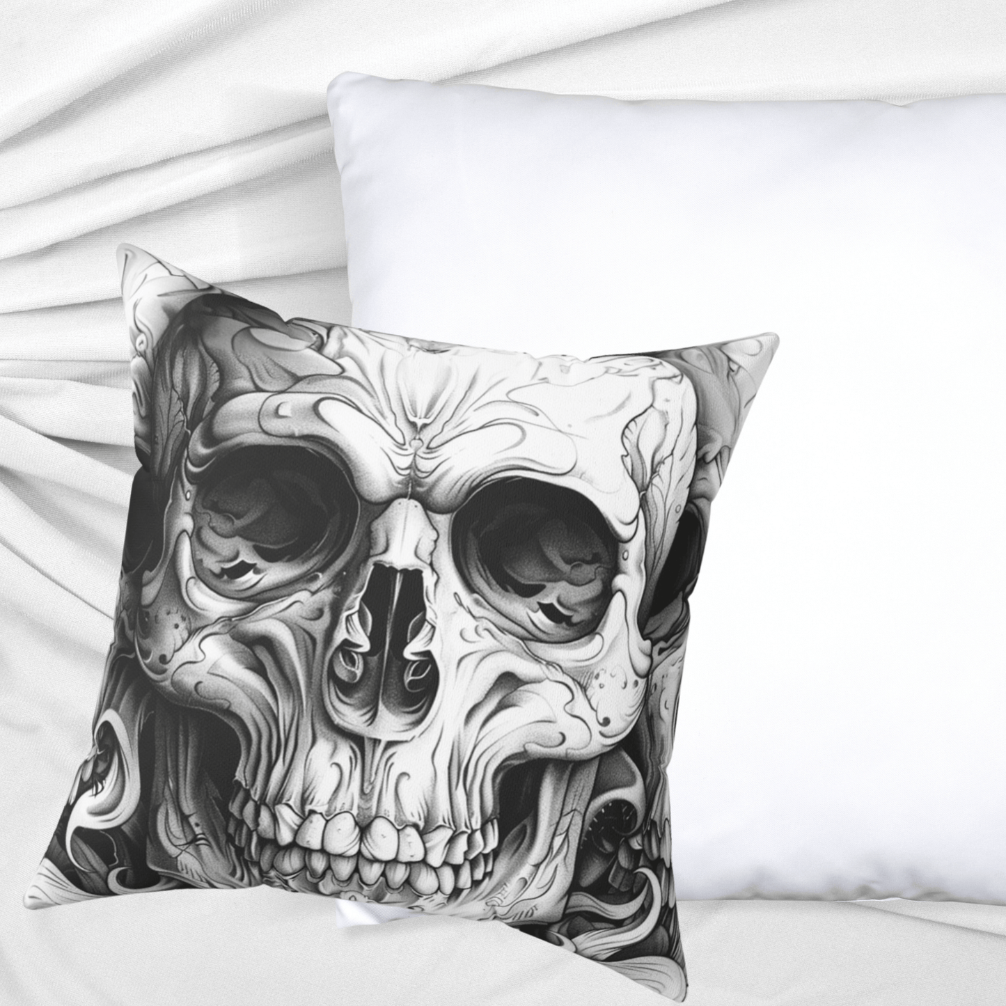 Goth Skull Throw Pillow, Dark Academia Decorative Cushion with Original Pen & Ink Art - FlooredByArt