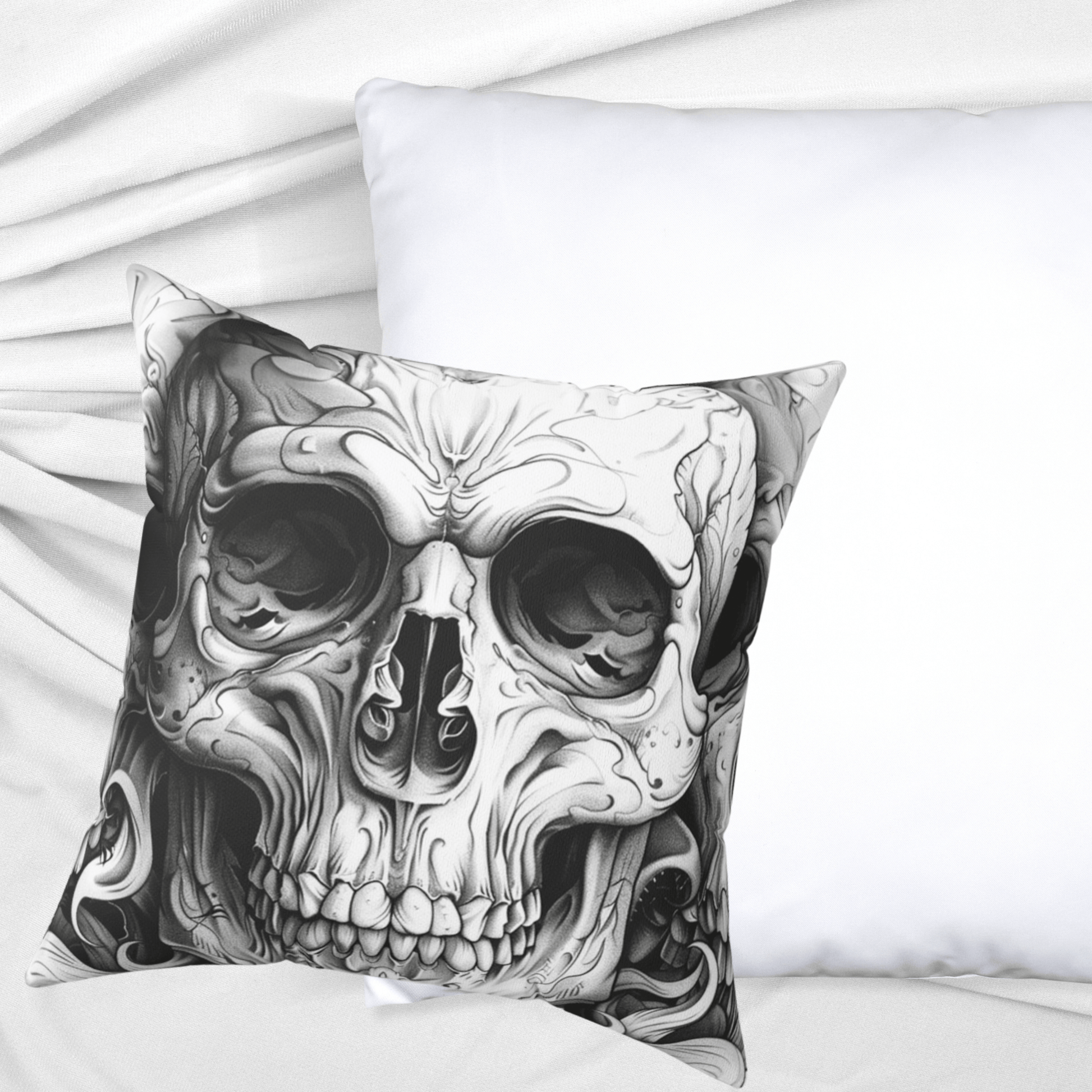 Goth Skull Throw Pillow, Dark Academia Decorative Cushion with Original Pen & Ink Art - FlooredByArt