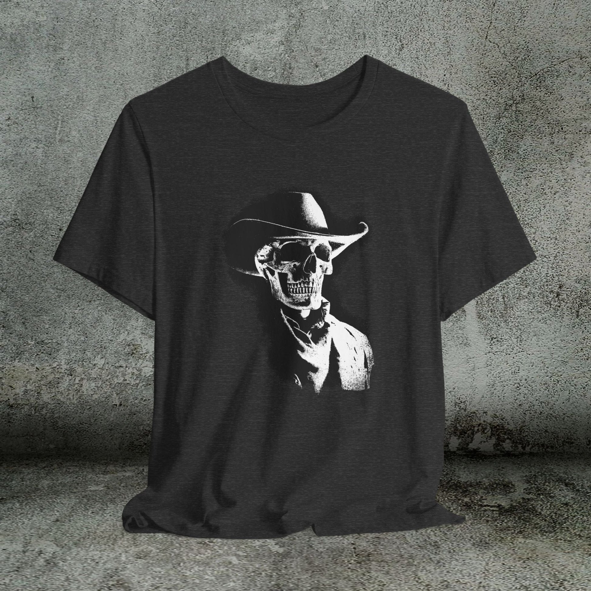 Gothic Cowboy Skeleton T-Shirt – Dark Western Skull Shirt, Ghost Rider Western - FlooredByArt