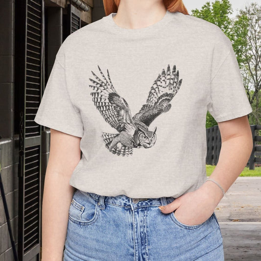 Great Horned Owl T-Shirt – Pen and Ink Wildlife Art Tee for Nature and Bird Lovers - FlooredByArt