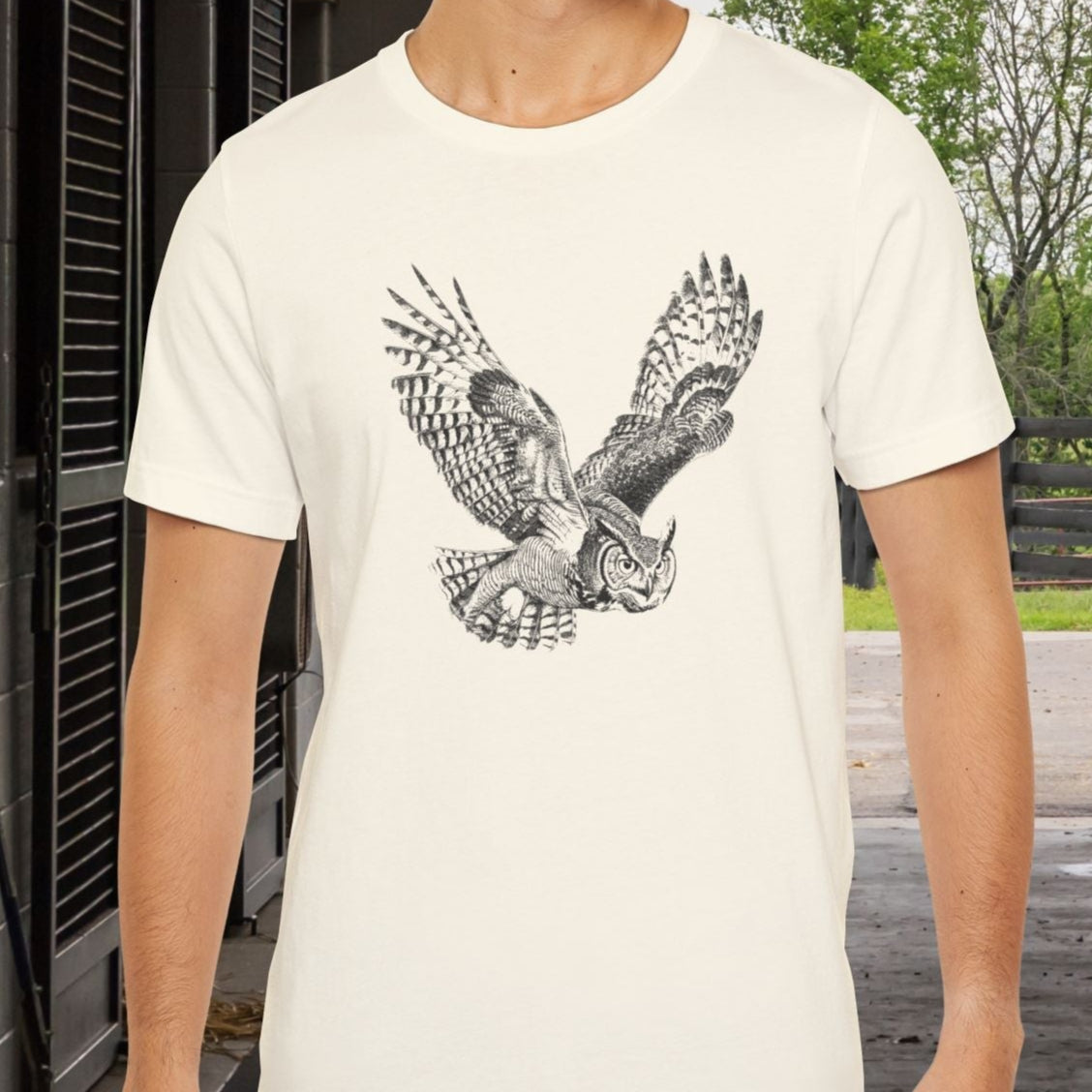 Great Horned Owl T-Shirt – Pen and Ink Wildlife Art Tee for Nature and Bird Lovers - FlooredByArt