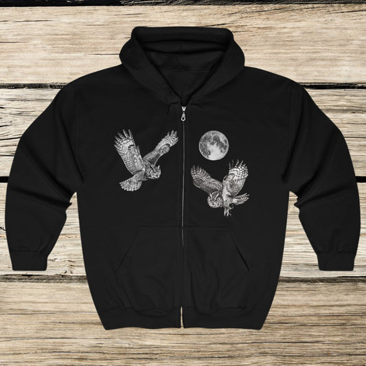 Great Horned Owls Jacket, Full Zip Hoodie, Night Flying Owls Camping Sweater - FlooredByArt