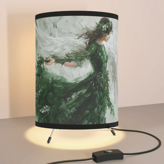 Green Angel Tripod Lamp, Unique Design Watercolor Printed Shade - FlooredByArt