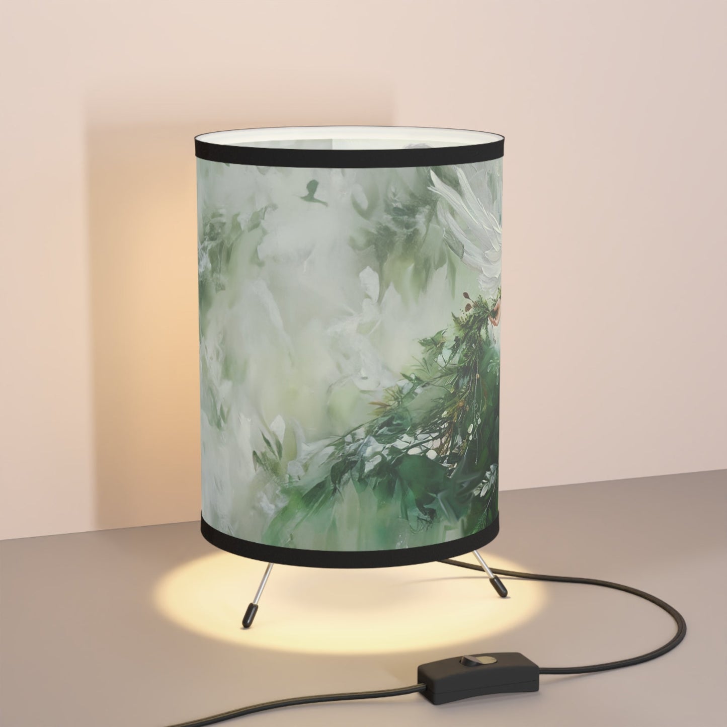 Green Angel Tripod Lamp, Unique Design Watercolor Printed Shade - FlooredByArt