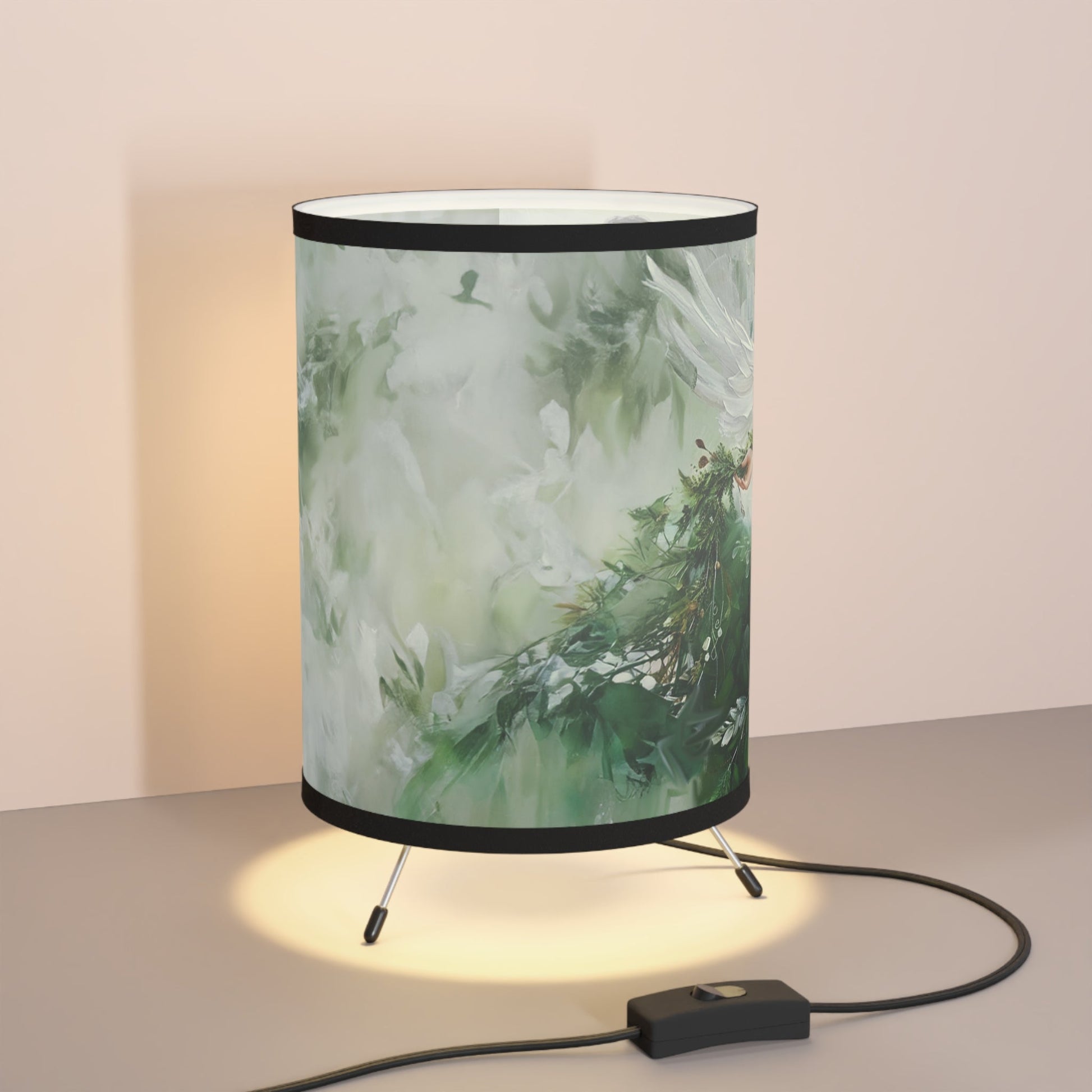 Green Angel Tripod Lamp, Unique Design Watercolor Printed Shade - FlooredByArt