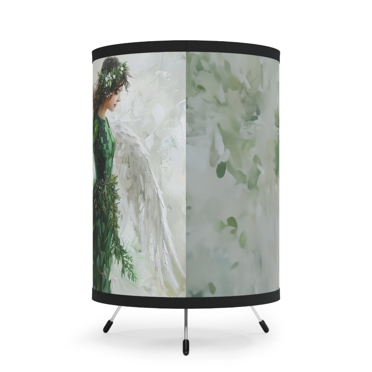 Green Angel Tripod Lamp, Unique Design Watercolor Printed Shade - FlooredByArt