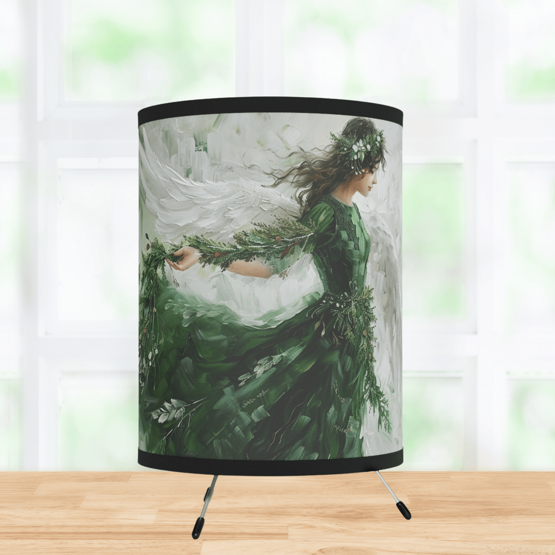 Green Angel Tripod Lamp, Unique Design Watercolor Printed Shade - FlooredByArt