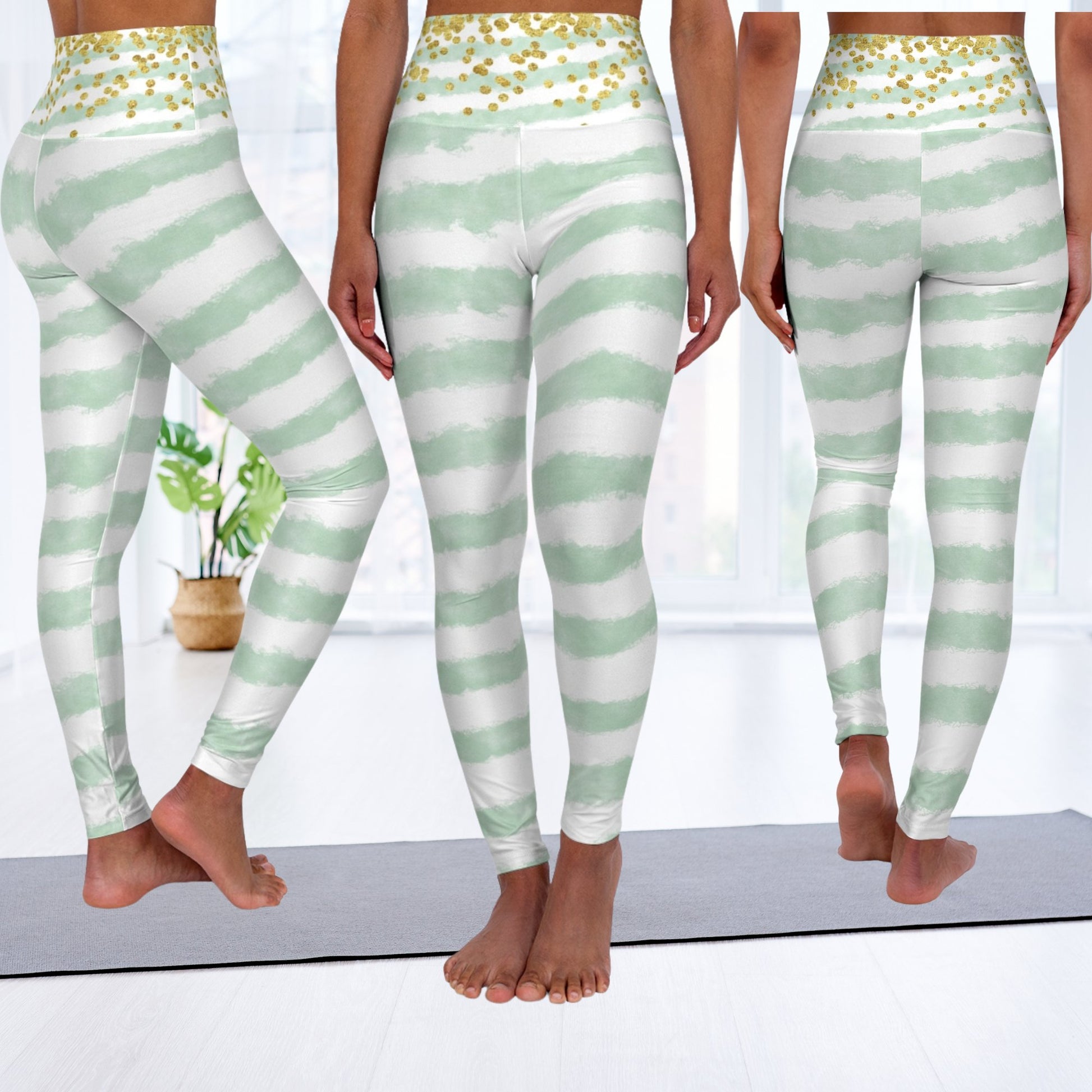 Green Stripe Art Leggings With Stars, Beautiful Green Stripes, High Waisted Yoga Art Leggings - FlooredByArt