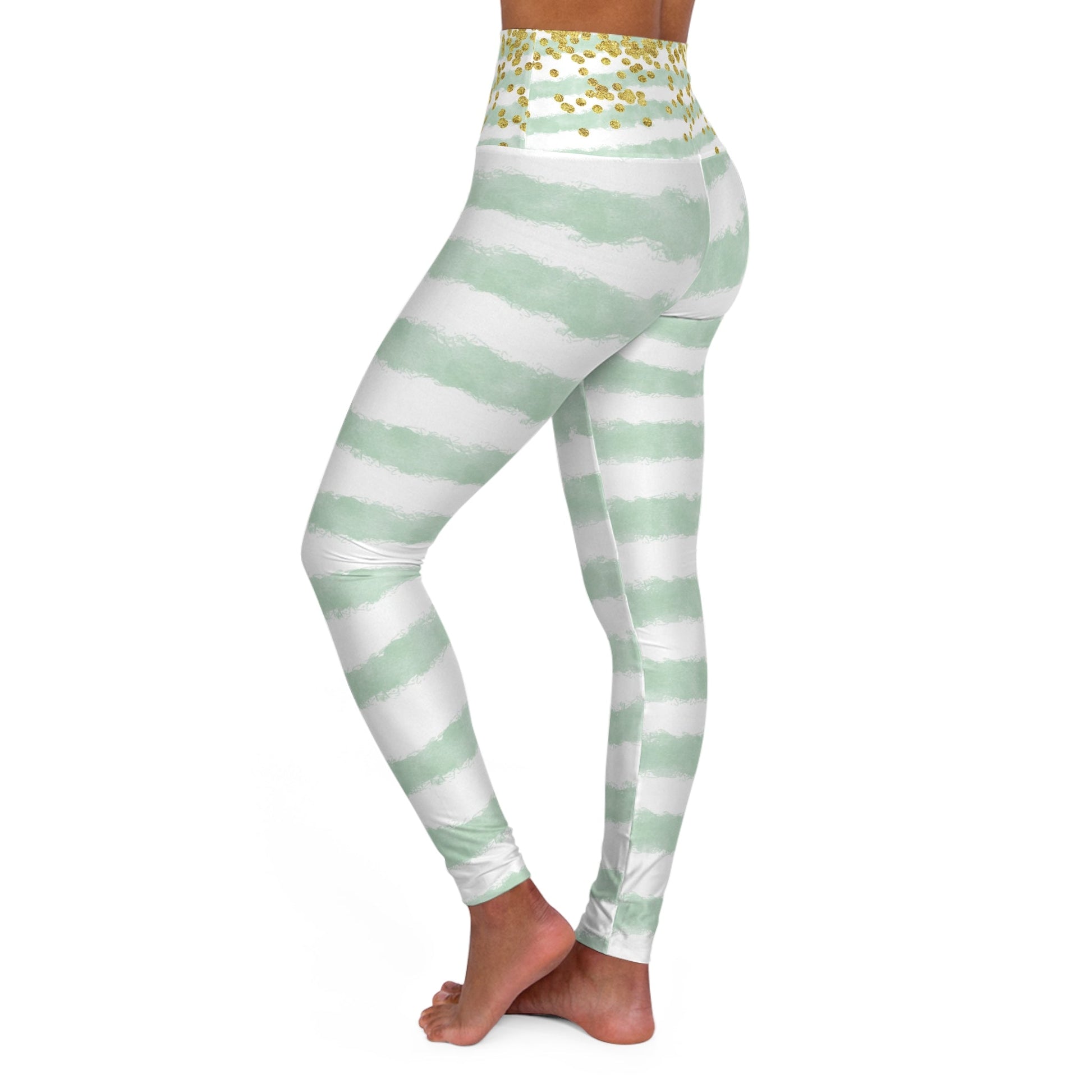 Green Stripe Art Leggings With Stars, Beautiful Green Stripes, High Waisted Yoga Art Leggings - FlooredByArt