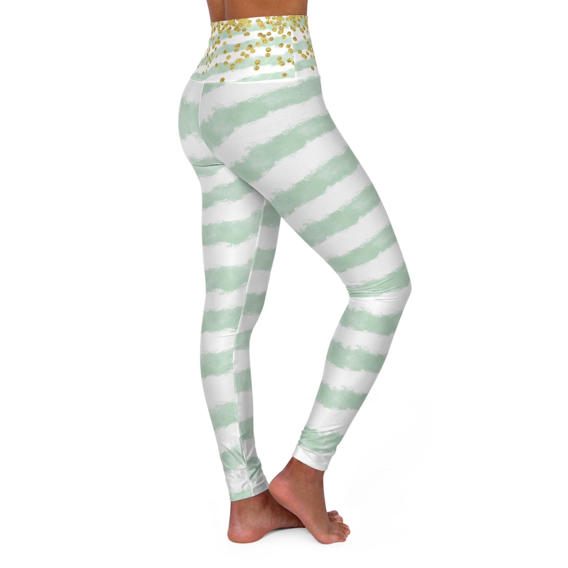 Green Stripe Art Leggings With Stars, Beautiful Green Stripes, High Waisted Yoga Art Leggings - FlooredByArt