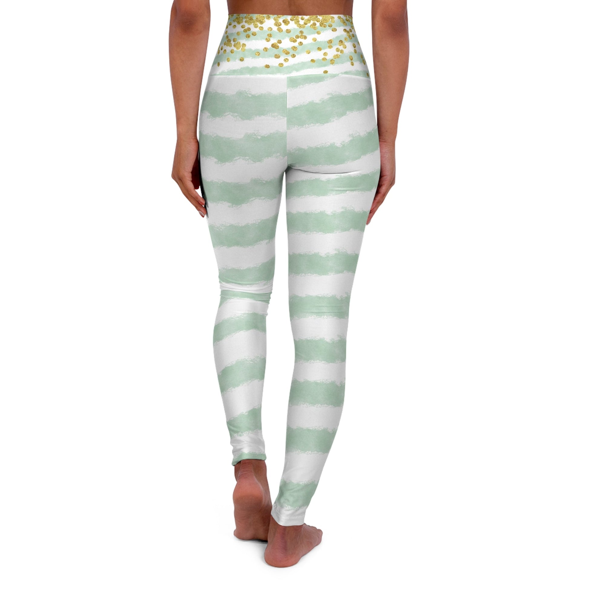 Green Stripe Art Leggings With Stars, Beautiful Green Stripes, High Waisted Yoga Art Leggings - FlooredByArt