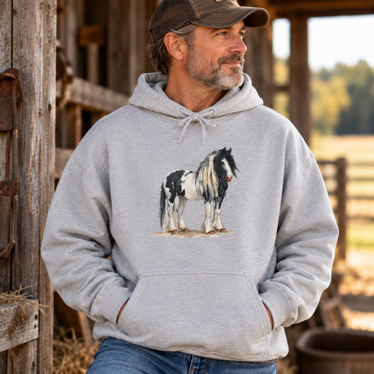 Gypsy Vanner Horse Hoodie – Black and White Draft Horse Watercolor Sweatshirt