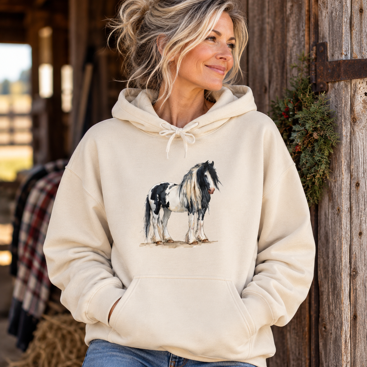 Gypsy Vanner Horse Hoodie – Black and White Draft Horse Watercolor Sweatshirt