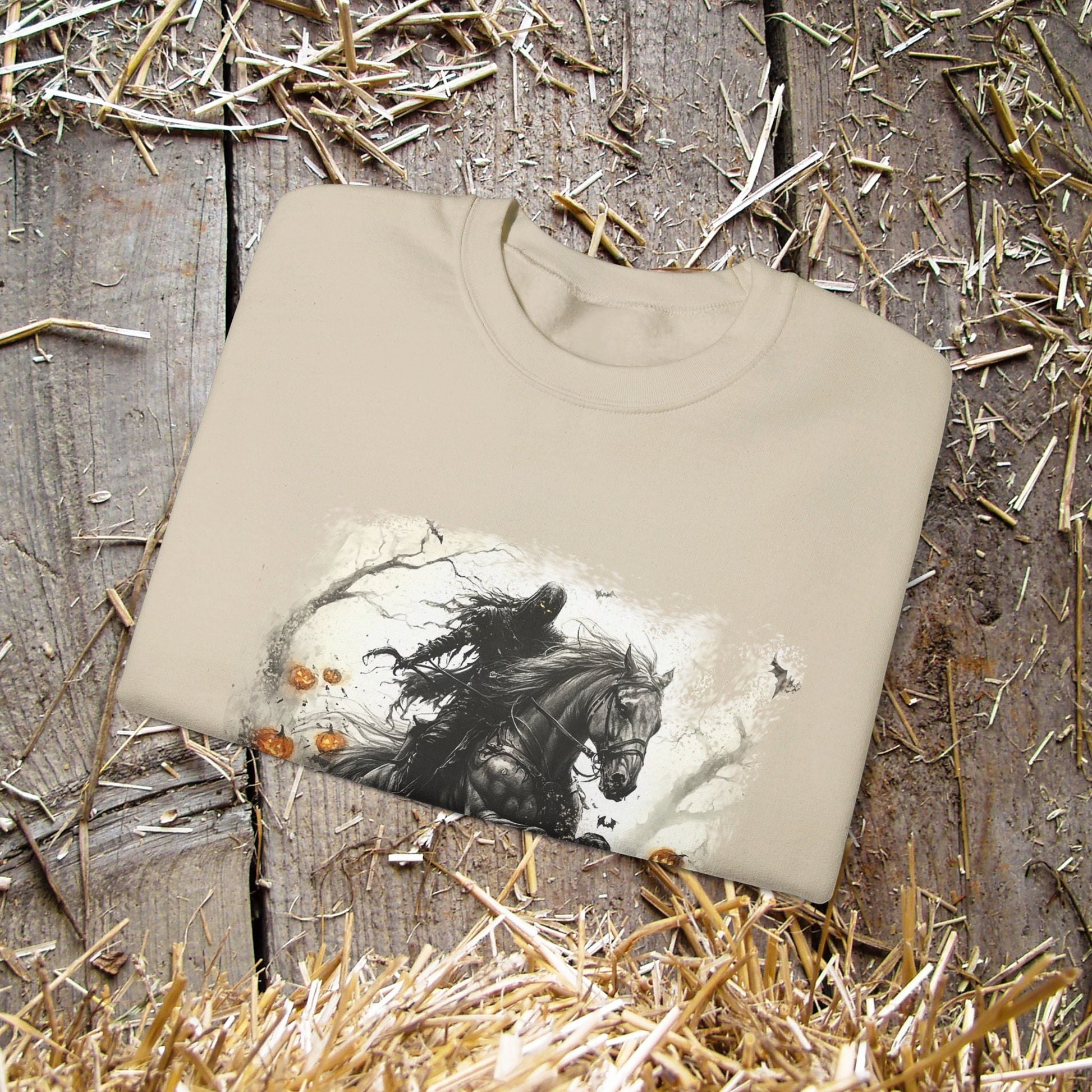 Halloween Phantom Horse Sweatshirt, Drawing of Spooky Horse and Rider Halloween - FlooredByArt