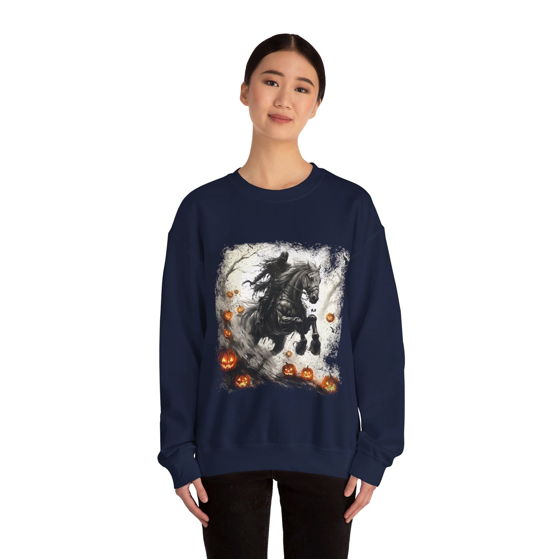 Halloween Phantom Horse Sweatshirt, Drawing of Spooky Horse and Rider Halloween - FlooredByArt