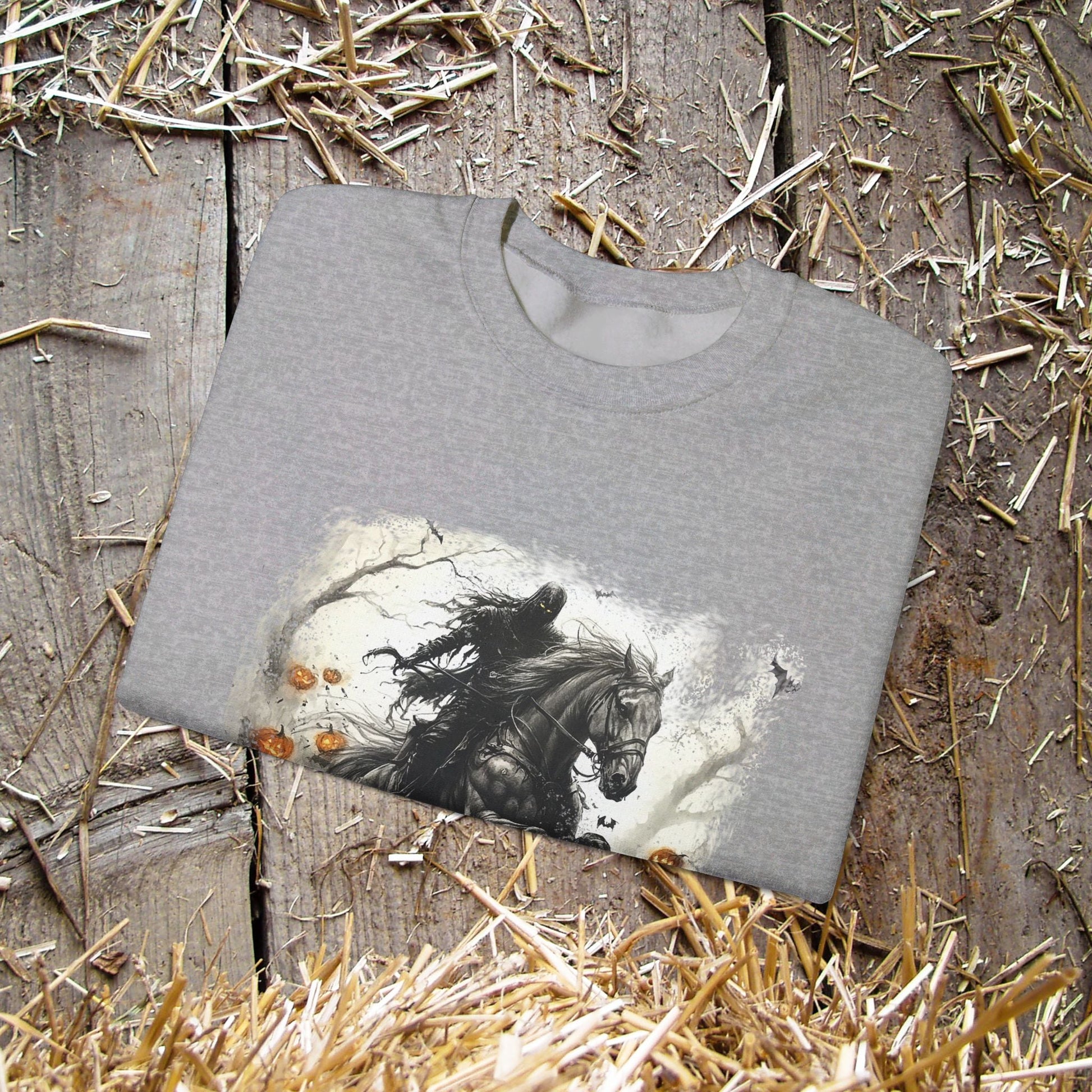 Halloween Phantom Horse Sweatshirt, Drawing of Spooky Horse and Rider Halloween - FlooredByArt