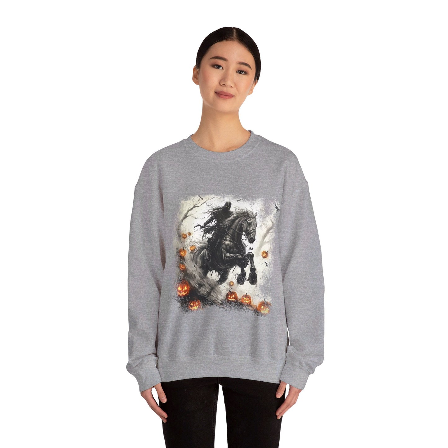 Halloween Phantom Horse Sweatshirt, Drawing of Spooky Horse and Rider Halloween - FlooredByArt