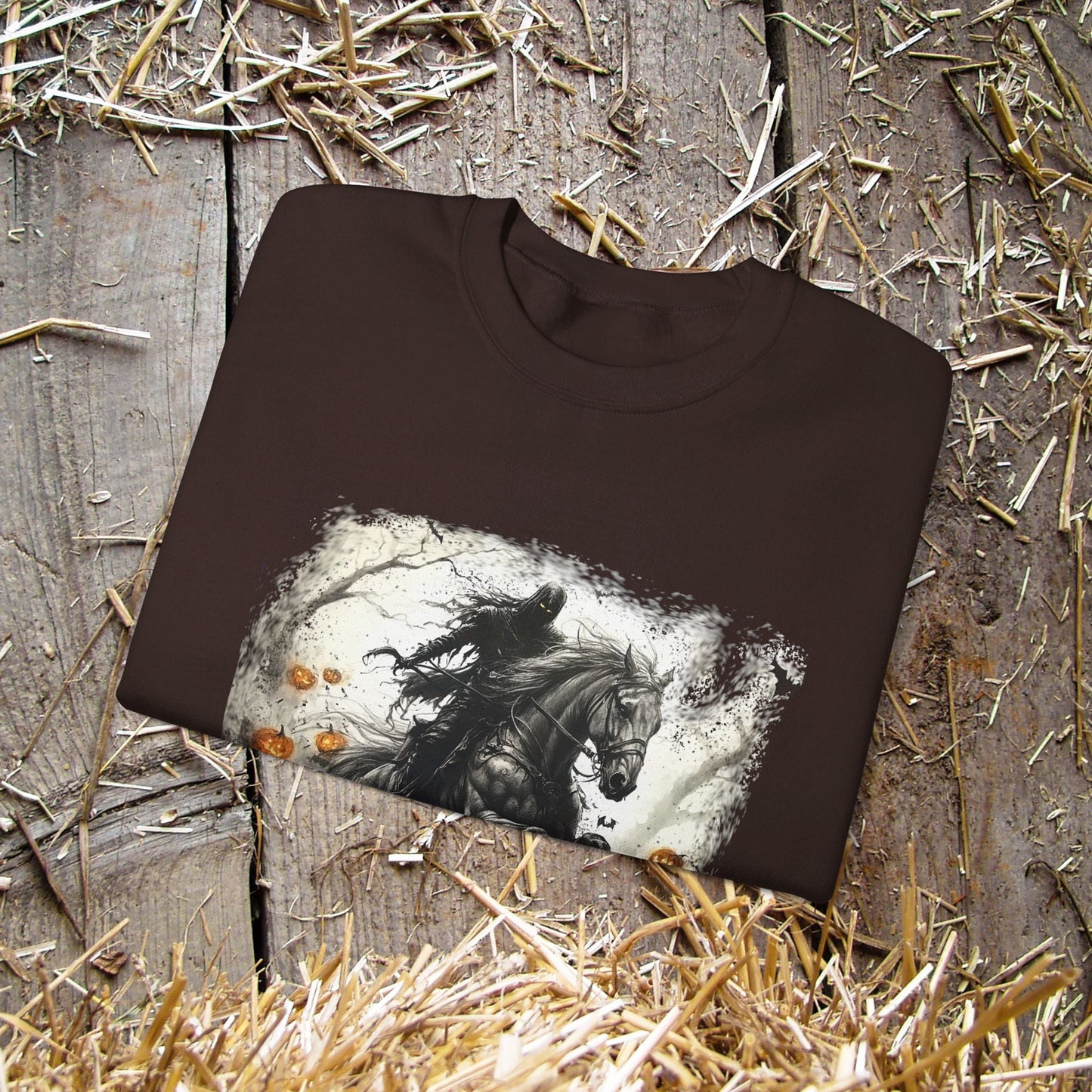 Halloween Phantom Horse Sweatshirt, Drawing of Spooky Horse and Rider Halloween - FlooredByArt