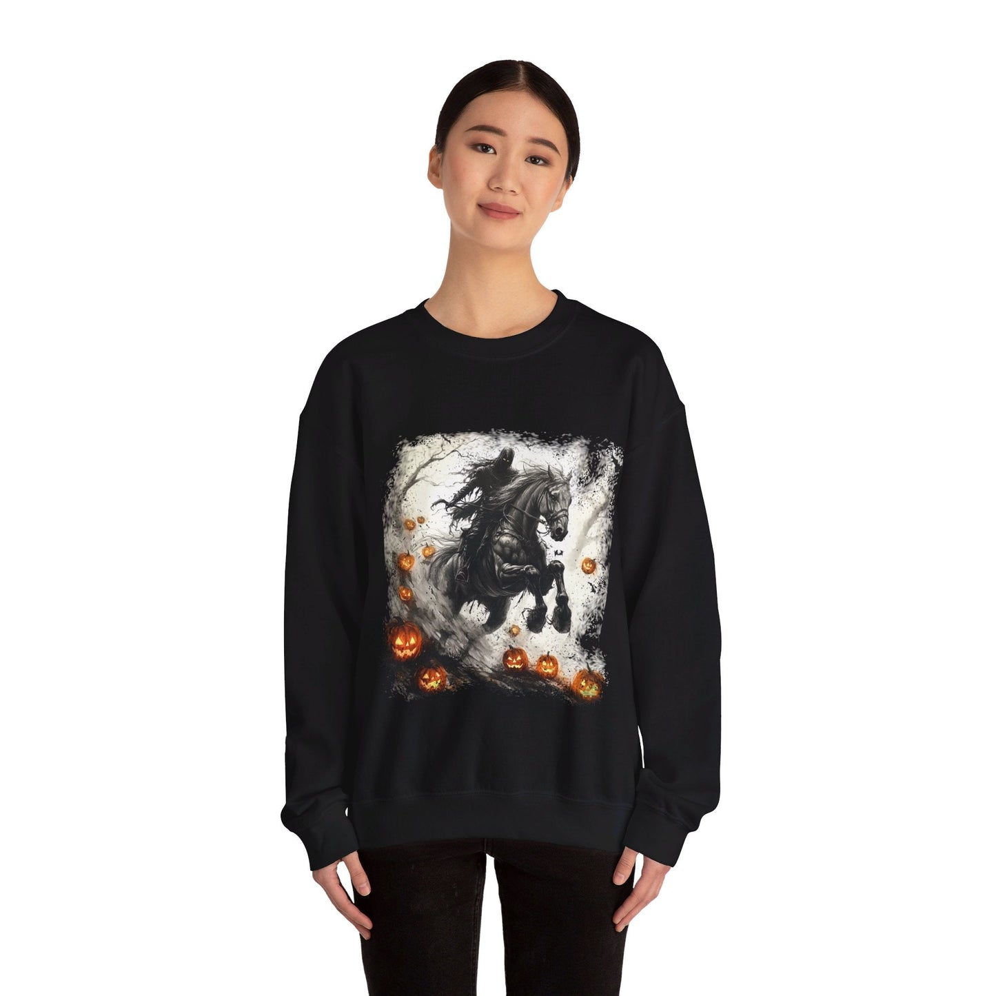 Halloween Phantom Horse Sweatshirt, Drawing of Spooky Horse and Rider Halloween - FlooredByArt