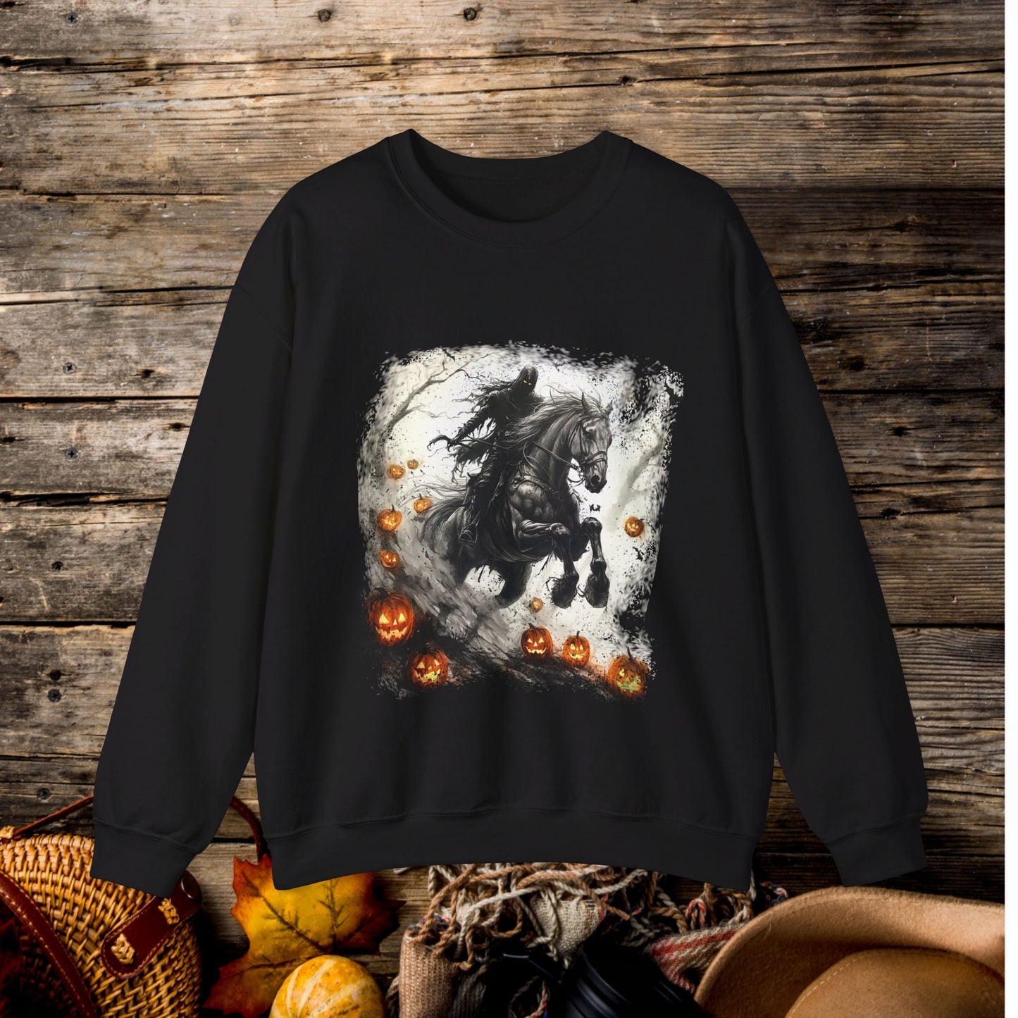 Halloween Phantom Horse Sweatshirt, Drawing of Spooky Horse and Rider Halloween - FlooredByArt