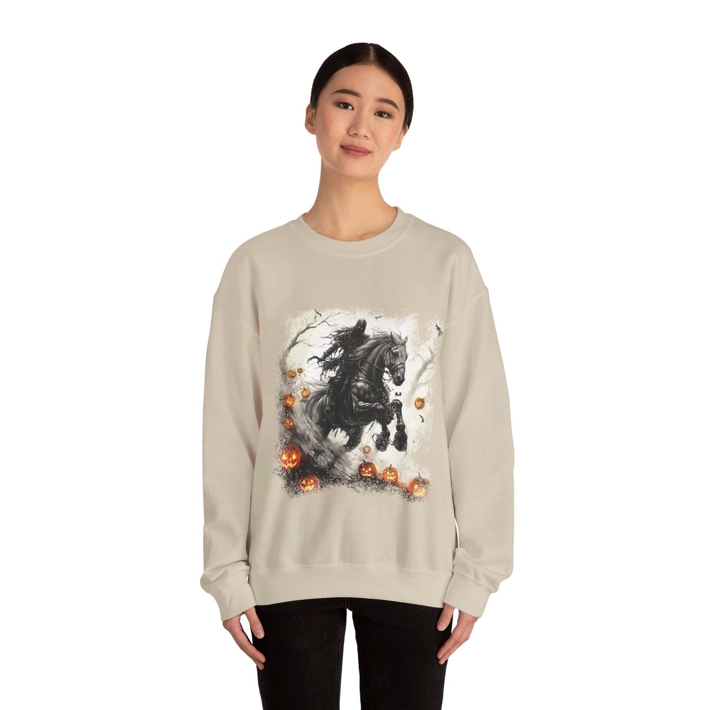 Halloween Phantom Horse Sweatshirt, Drawing of Spooky Horse and Rider Halloween - FlooredByArt