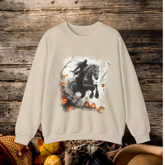 Halloween Phantom Horse Sweatshirt, Drawing of Spooky Horse and Rider Halloween - FlooredByArt