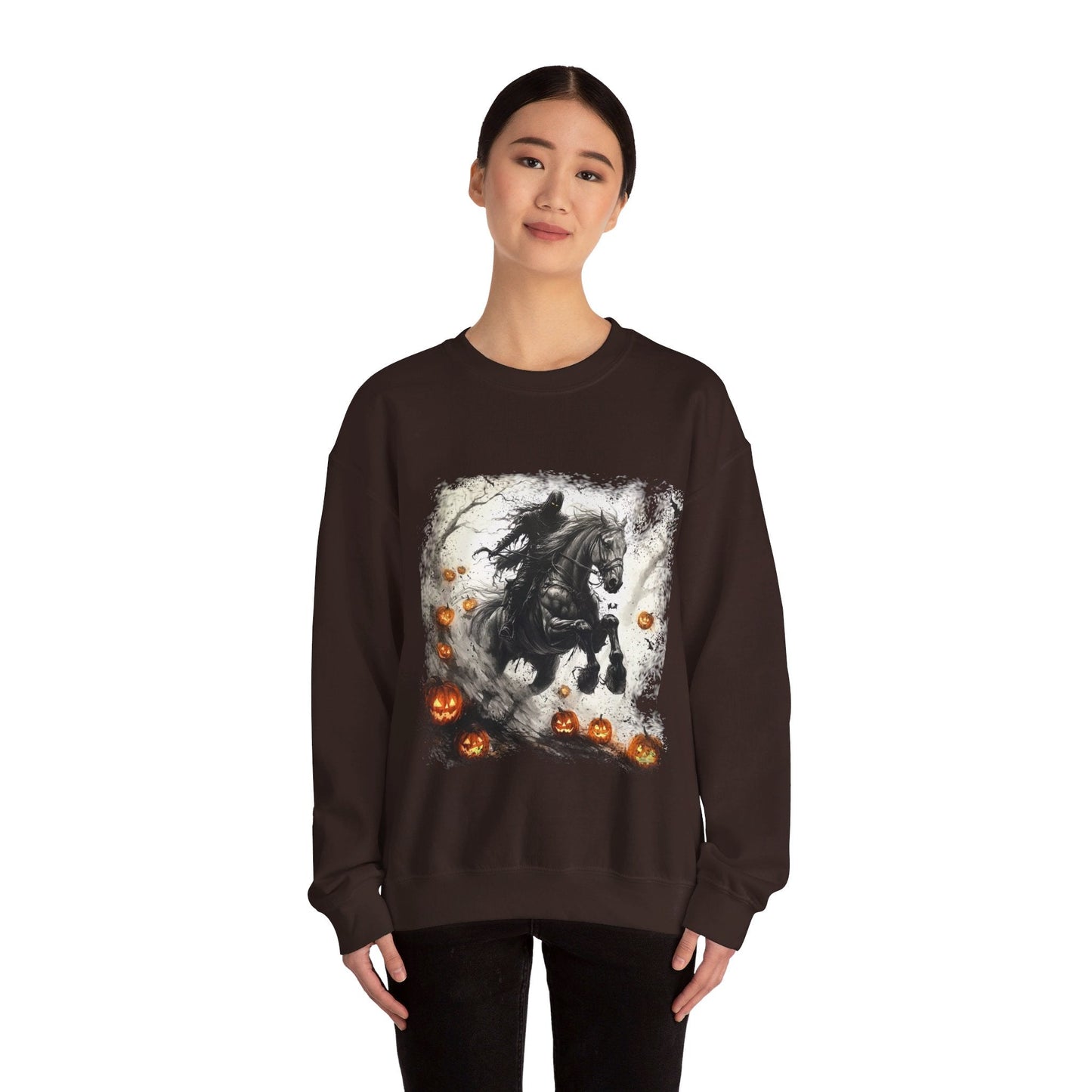 Halloween Phantom Horse Sweatshirt, Drawing of Spooky Horse and Rider Halloween - FlooredByArt