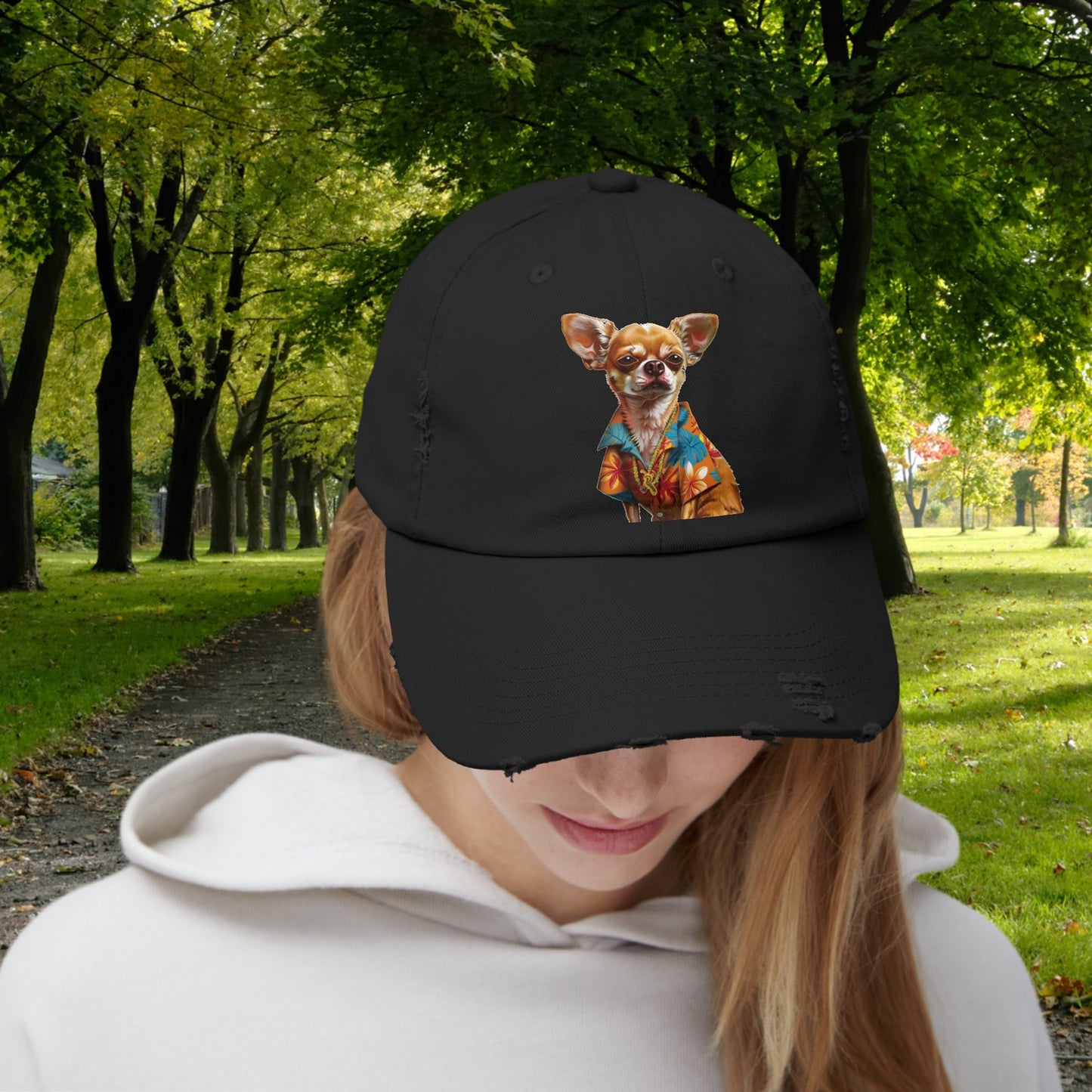 Hawaiian Chihuahua Dog Hat, Baseball Cap, Dog Art Adjustable Cotton Twill - FlooredByArt