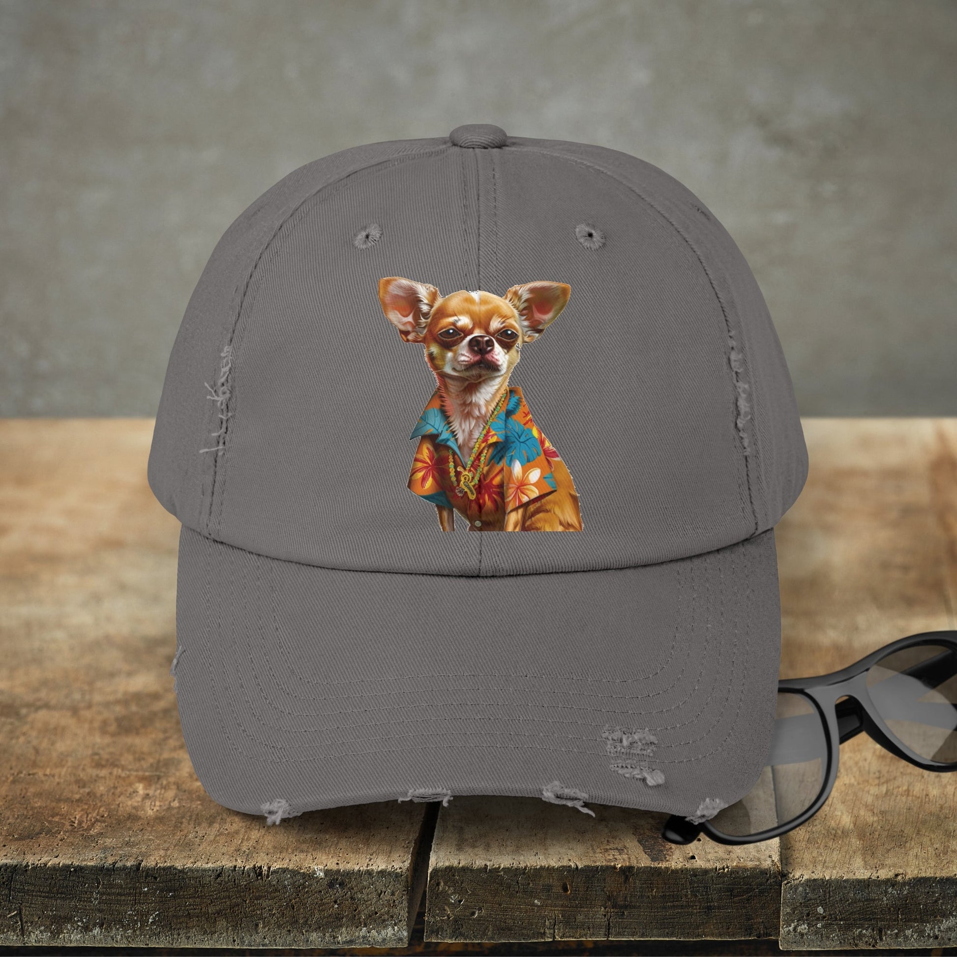 Hawaiian Chihuahua Dog Hat, Baseball Cap, Dog Art Adjustable Cotton Twill - FlooredByArt