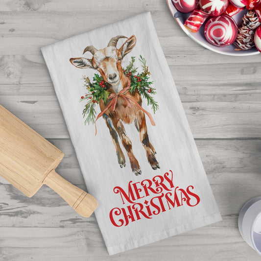 Holiday Cute Goat Merry Christmas Kitchen Tea Towels, Farm Goat Cotton Towel - FlooredByArt
