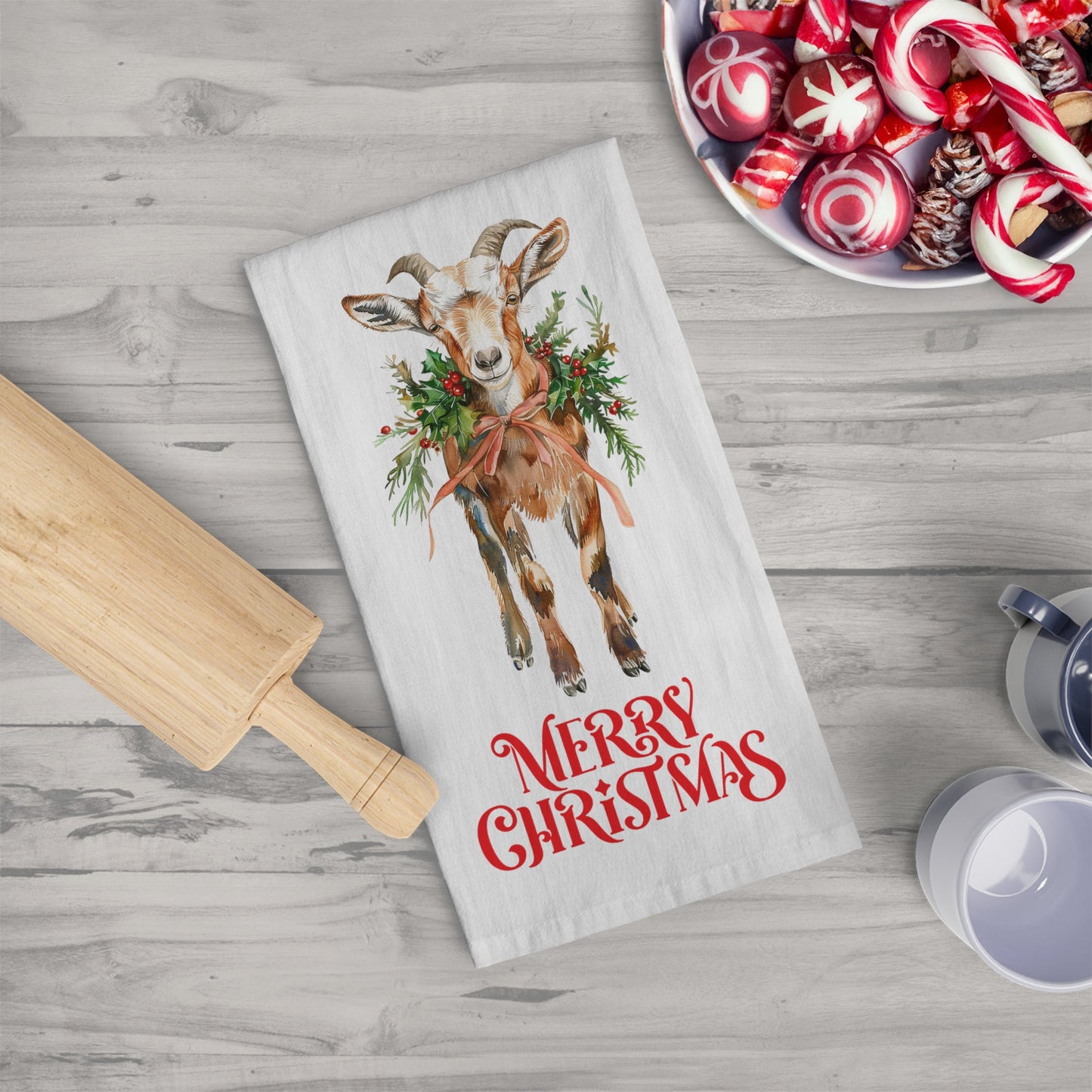 Holiday Cute Goat Merry Christmas Kitchen Tea Towels, Farm Goat Cotton Towel - FlooredByArt