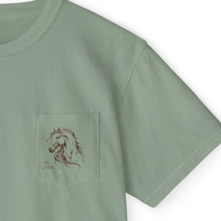 Horse Art Pocket T-shirt, Spirited Line Drawing of Horse, Comfort Colors Tee - FlooredByArt
