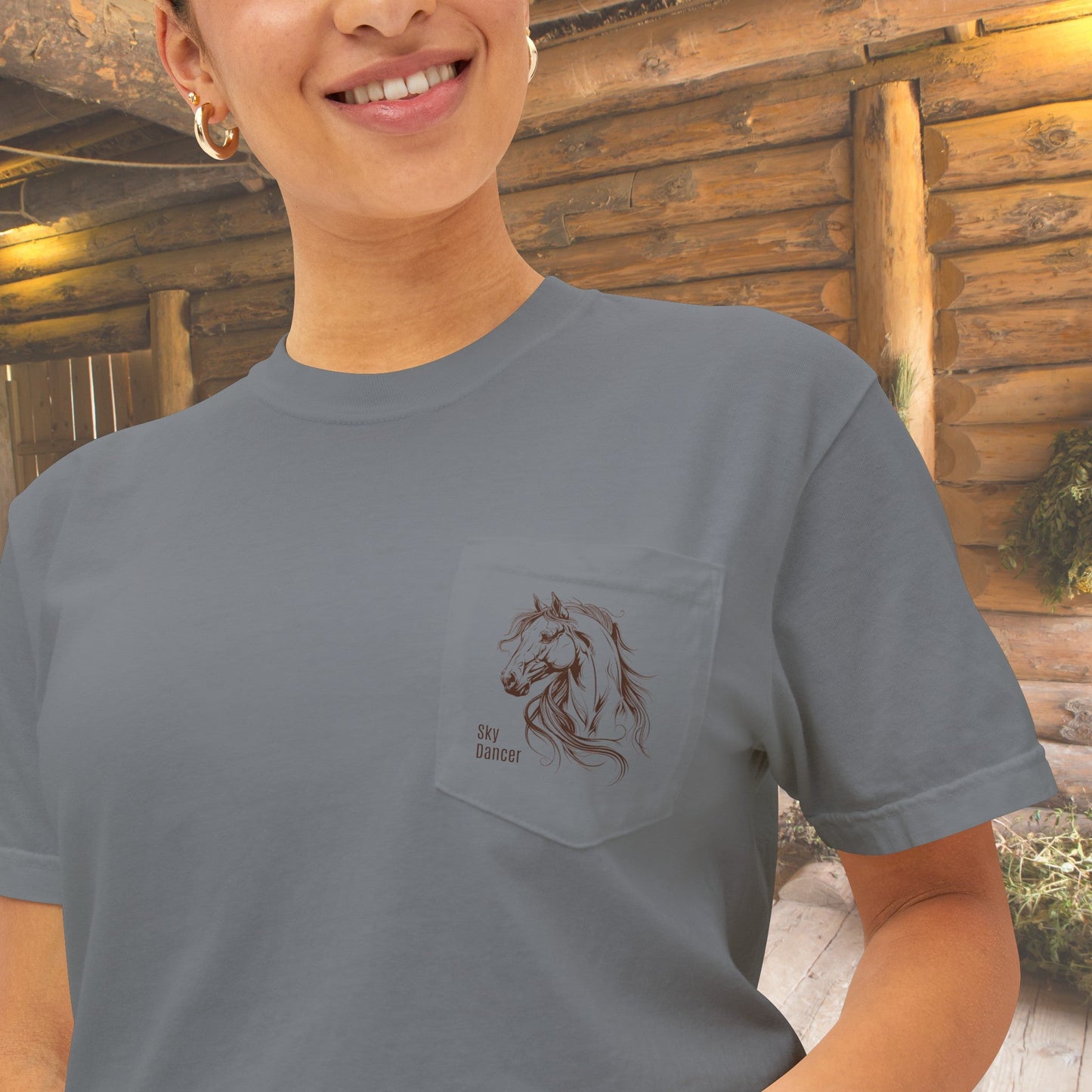 Horse Art Pocket T-shirt, Spirited Line Drawing of Horse, Comfort Colors Tee - FlooredByArt