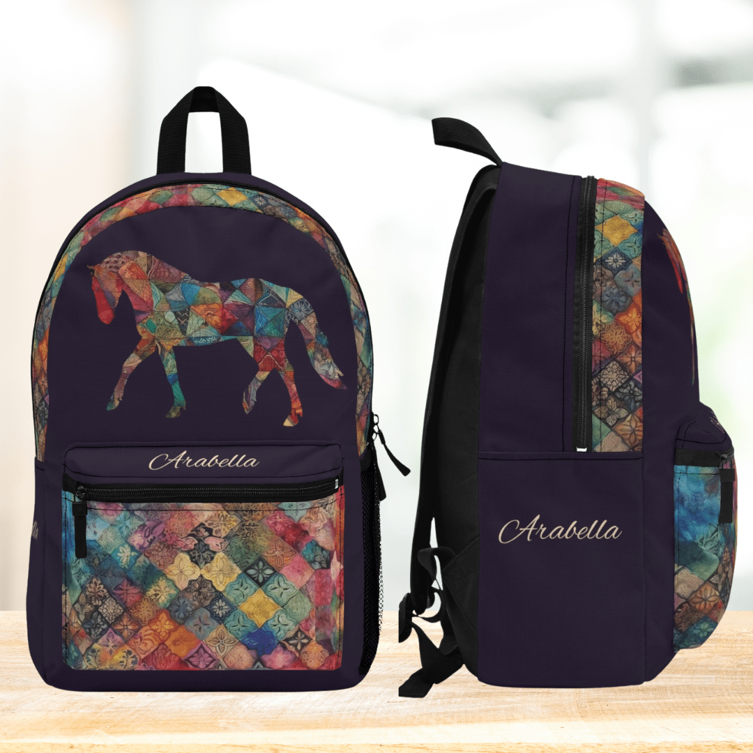 Horse Backpack, Personalized Calico Rustic Style Horse, Equestrian Theme Bookbag - FlooredByArt