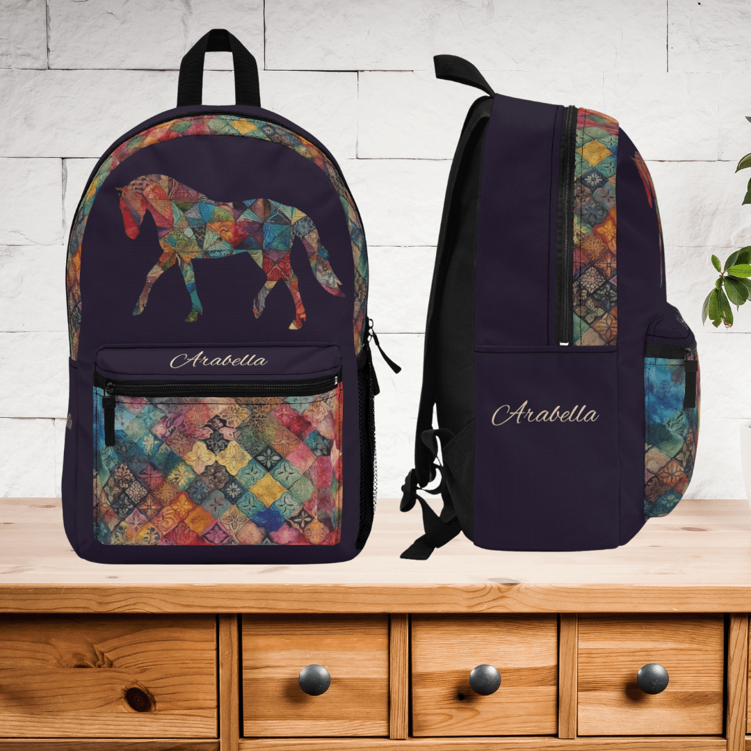 Horse Backpack, Personalized Calico Rustic Style Horse, Equestrian Theme Bookbag - FlooredByArt