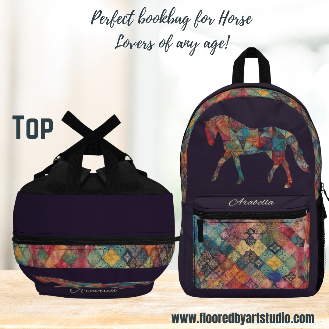 Horse Backpack, Personalized Calico Rustic Style Horse, Equestrian Theme Bookbag - FlooredByArt