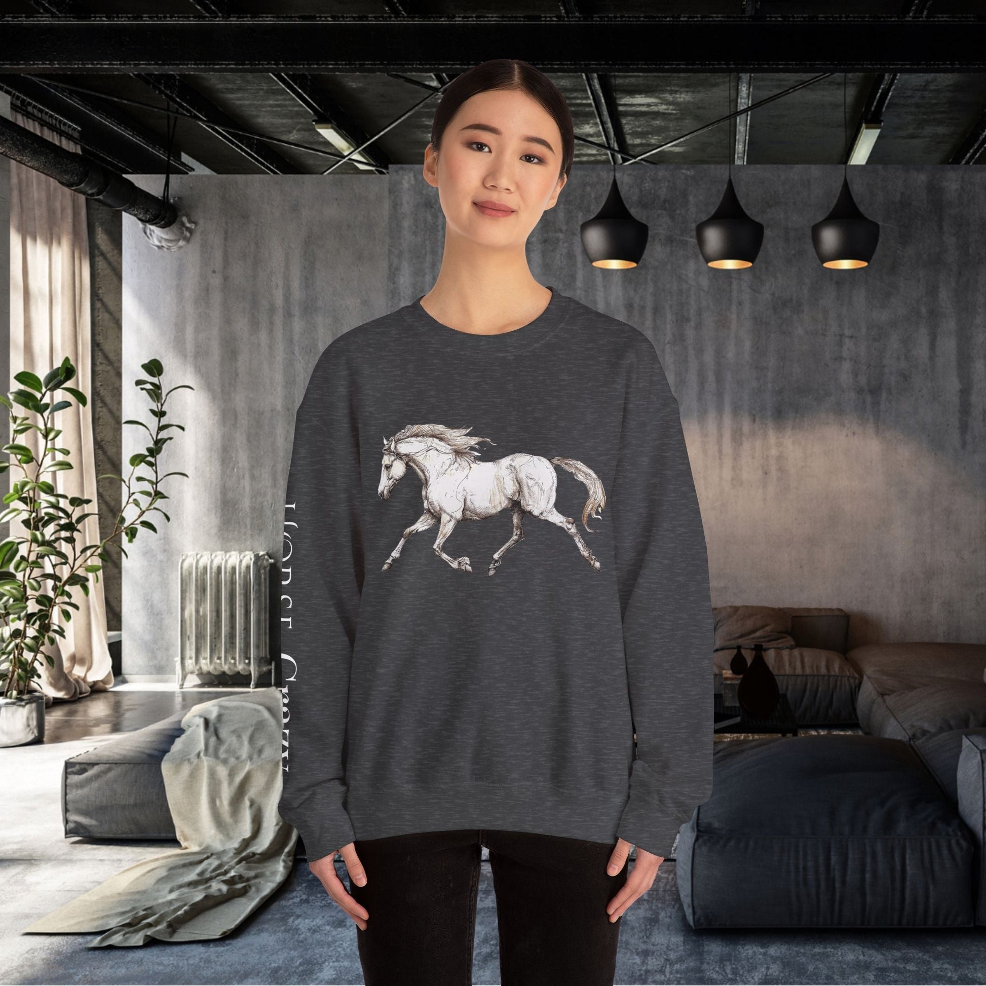 Horse Crazy Crewneck Sweatshirt - Horse Lover Sweater for Women or Men - FlooredByArt