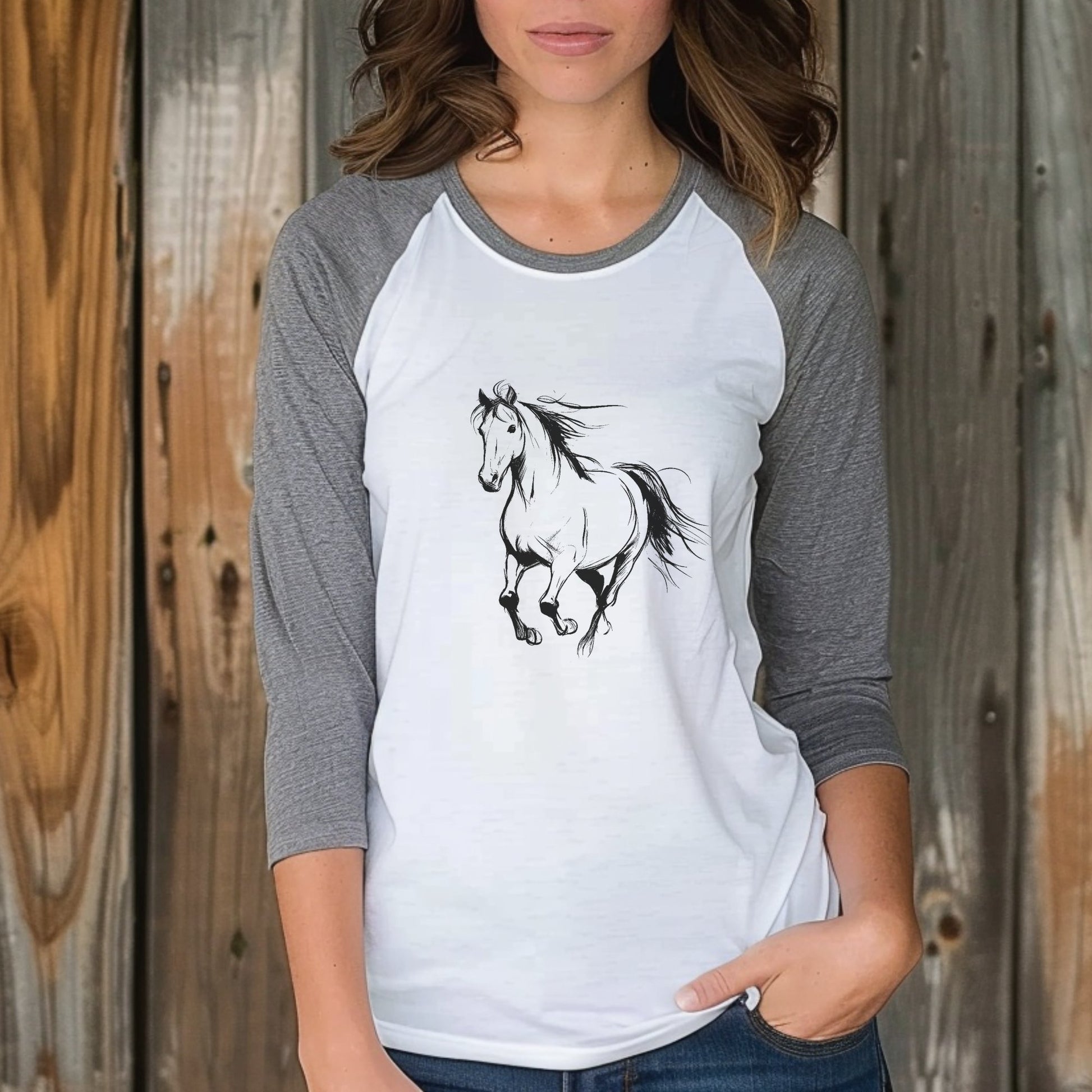 Horse Long Sleeve Ragland T-shirt, Two color Baseball Shirt, Running Horse Shirt - FlooredByArt