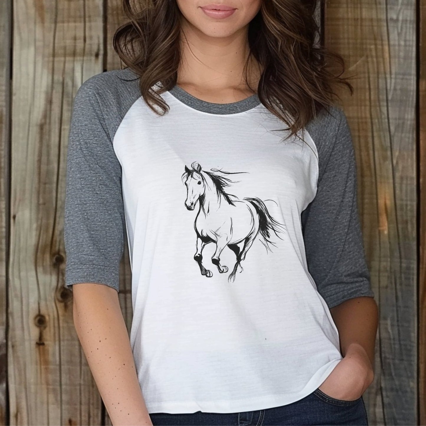 Horse Long Sleeve Ragland T-shirt, Two color Baseball Shirt, Running Horse Shirt - FlooredByArt